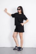 Osy Modal Yumuşak Dokulu Kumaş Bisiklet Yaka T-shirt Kısa Şort İkili Takım - Siyah resmi